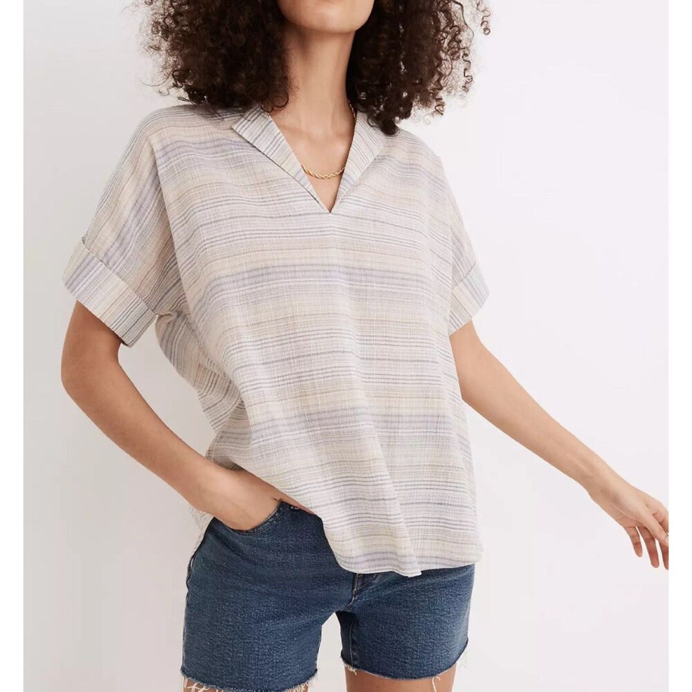Women’s size XS madewell Crinkle Hayden Popover blouse in Stripe, short sleeve - Picture 1 of 3